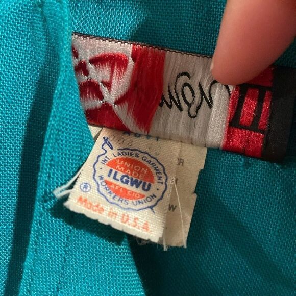 Vintage 80s Teal Dress Secretary Retro Linen Double Breasted Sheath Knee Length - Picture 12 of 13